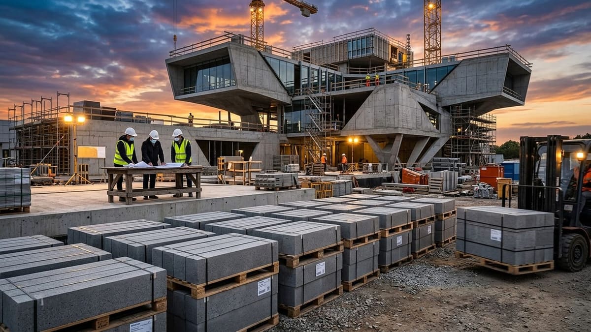 Bongshai concrete block manufacturing yard with pallets of high-strength solid blocks at golden hour